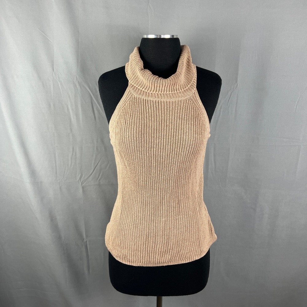 Le Lis Crop Sweater Womens L Beige Knit Sleeveless Ribbed Halter Neck Pullover